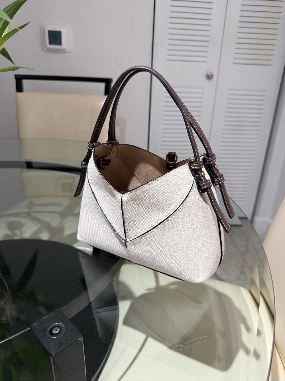 Zara Cream Canvas Shoulder Bag with Brown Trim